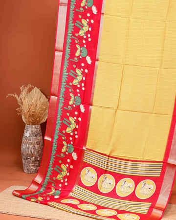 Traditional Kota Saree with Subtle Checked Elegant Lotus and Peacock Motifs - Yellow