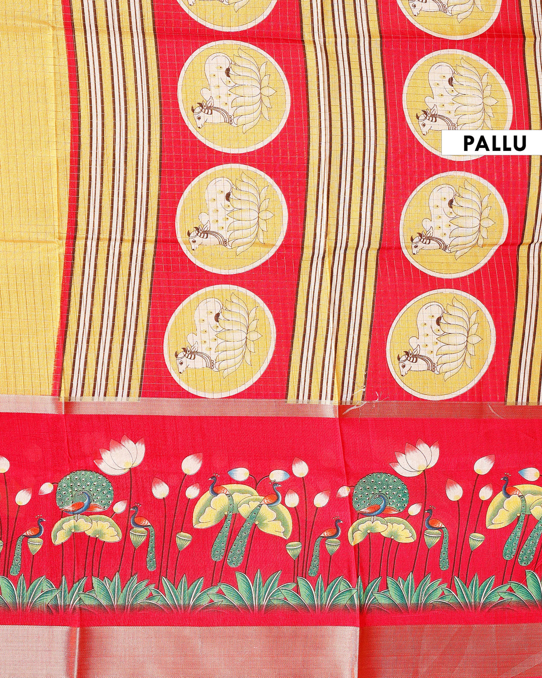 Traditional Kota Saree with Subtle Checked Elegant Lotus and Peacock Motifs - Yellow