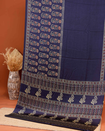 Exquisite Hand Block Printed Modal Satin Saree with Intricate Floral and Geometric Motifs - Navy Blue