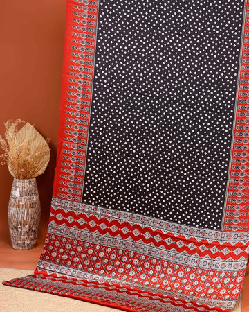 Exquisite Handblock Printed Satin Saree with Intricate Border and Pallu Design - Dark Grey