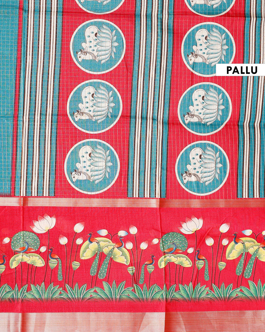 Traditional Kota Saree with Subtle Checked Elegant Lotus and Peacock Motifs - Blue