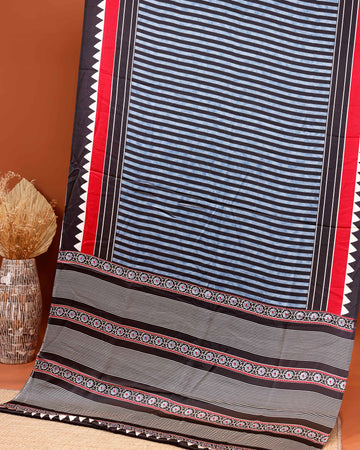 Classic Satin Saree with Horizontal Striped Pattern Geometric Accents and Traditional Intricate Border Design - Black