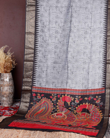 Elegant Dola Silk Saree with Elaborate Peacock and Paisley Border - Grey
