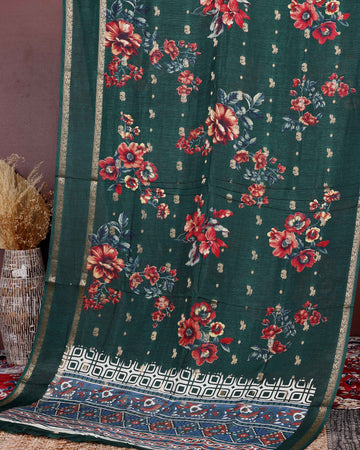Graceful Fancy Silk Saree with Bold Floral Prints and Elegant Zari Border - Green