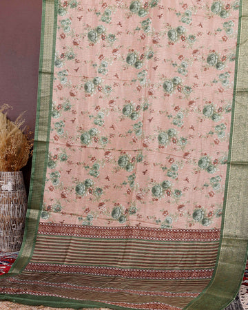 Elegant Dola Silk Saree with Intricate Floral Digital Print and Contrasting Woven Border - Peach