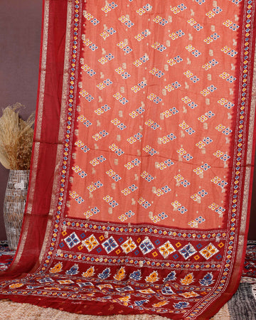 Exquisite Fancy Silk Saree with Geometric Woven Motifs and Contrasting Decorative Border - Orange