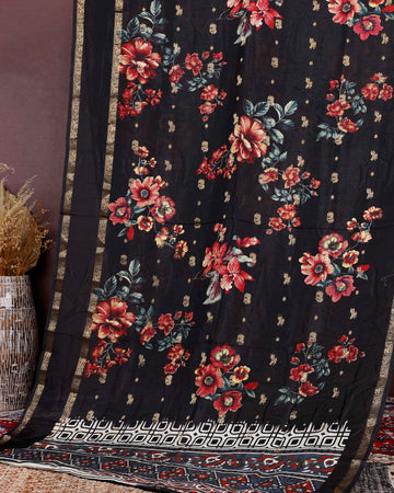 Graceful Fancy Silk Saree with Bold Floral Prints and Elegant Zari Border - Black