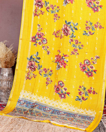 Stylish Fancy Silk Saree with Bold Floral Prints and Ornamental Geometric Border Design - Yellow