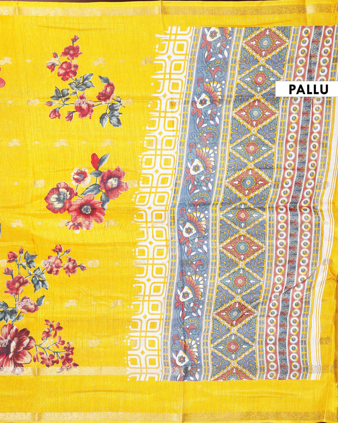 Stylish Fancy Silk Saree with Bold Floral Prints and Ornamental Geometric Border Design - Yellow
