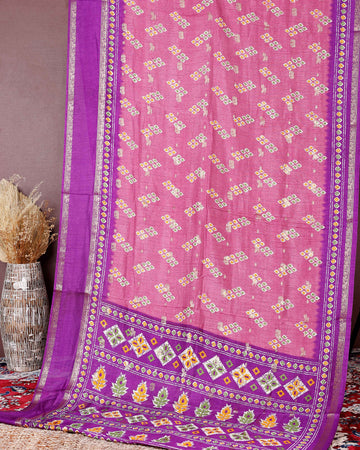 Exquisite Fancy Silk Saree with Geometric Woven Motifs and Contrasting Decorative Border - Pink
