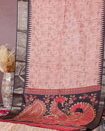 Elegant Dola Silk Saree with Elaborate Peacock and Paisley Border - Peach