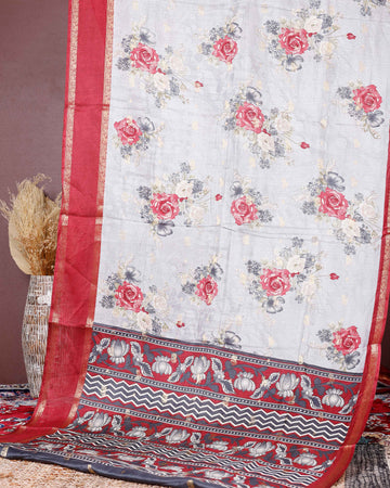 Elegant Fancy Silk Saree with Rose Floral Prints and Ornamental Designer Border - Grey