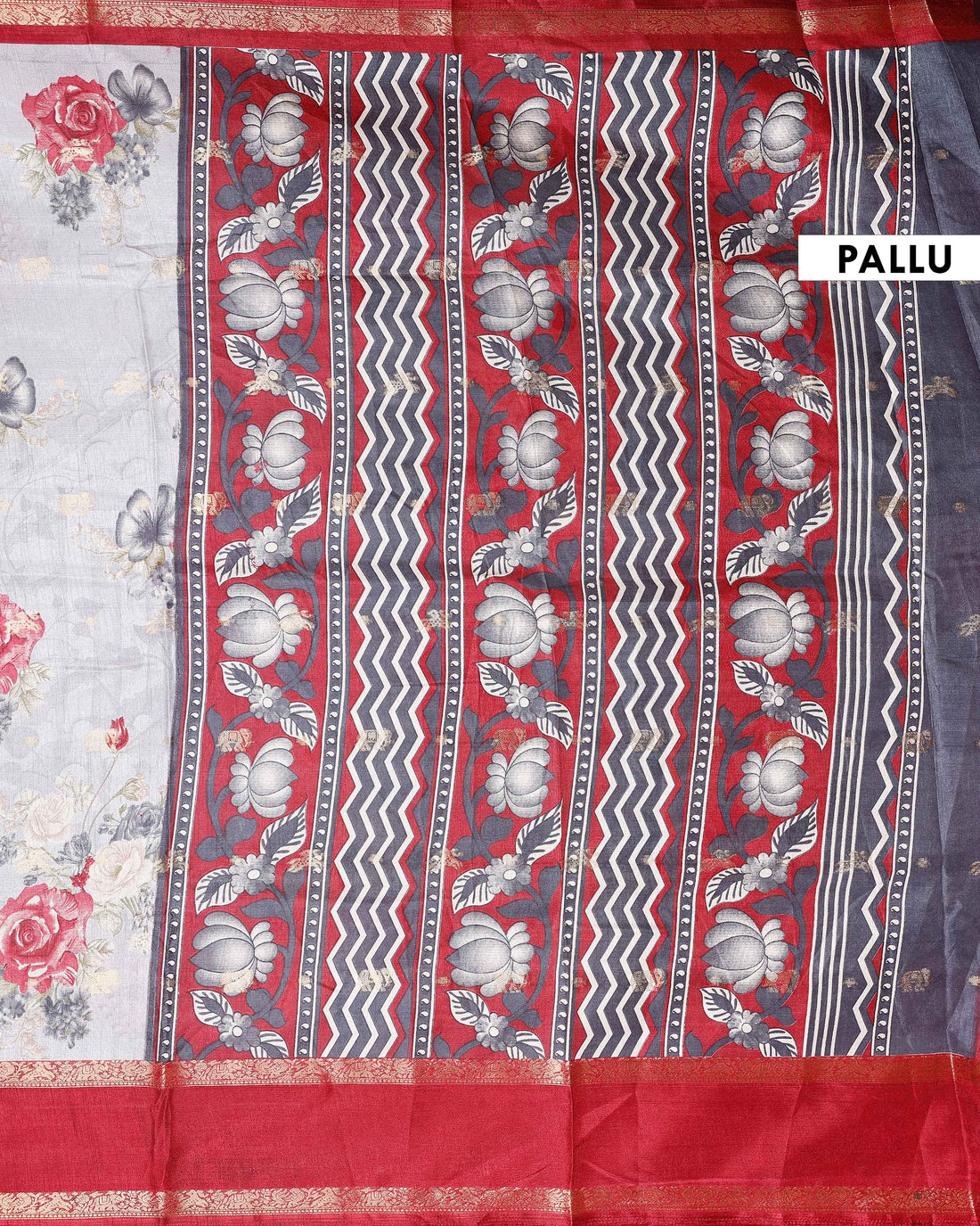 Elegant Fancy Silk Saree with Rose Floral Prints and Ornamental Designer Border - Grey