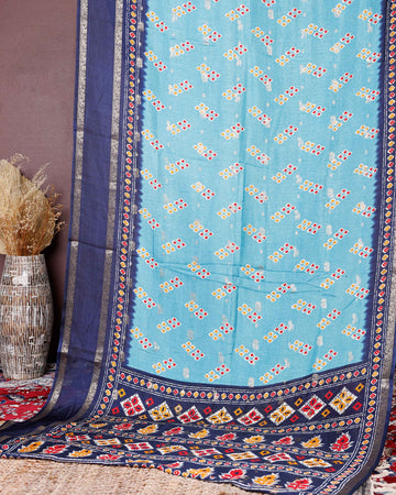 Exquisite Fancy Silk Saree with Geometric Woven Motifs and Contrasting Decorative Border - Blue