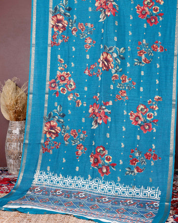 Graceful Fancy Silk Saree with Bold Floral Prints and Elegant Zari Border - Blue