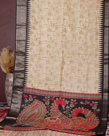 Elegant Dola Silk Saree with Elaborate Peacock and Paisley Border - Sandal