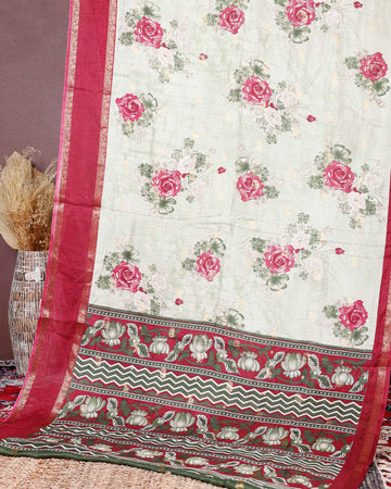 Elegant Fancy Silk Saree with Rose Floral Prints and Ornamental Designer Border - Green