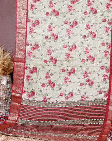 Elegant Dola Silk Saree with Intricate Floral Digital Print and Contrasting Woven Border - Green