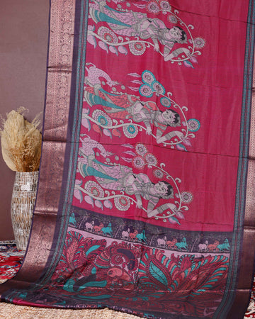 Elegant Semi Chanderi Saree with Traditional Kalamkari Handcrafted Motifs and Intricate Zari Border - Dark Pink