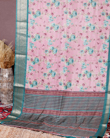 Elegant Dola Silk Saree with Intricate Floral Digital Print and Contrasting Woven Border - Pink