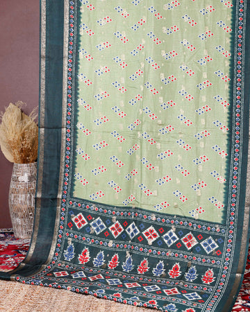 Elegant Fancy Silk Saree with Geometric Woven Motifs and Contrast Designer Border - Green