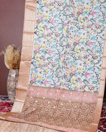 Elegant Fancy Silk Saree with All-Over Floral Weaving and Contrasting Zari Border - Multi