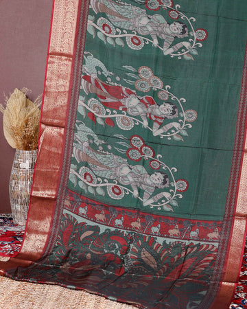 Elegant Semi Chanderi Saree with Traditional Kalamkari Handcrafted Motifs and Intricate Zari Border - Green
