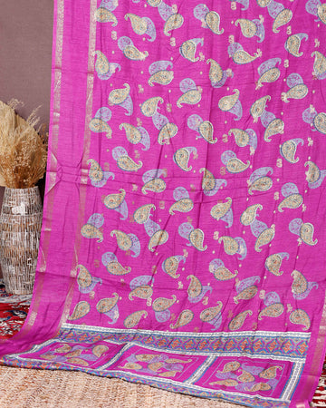 Graceful Fancy Silk Saree with Allover Paisley Motifs and Intricate Contrast Border - Pink