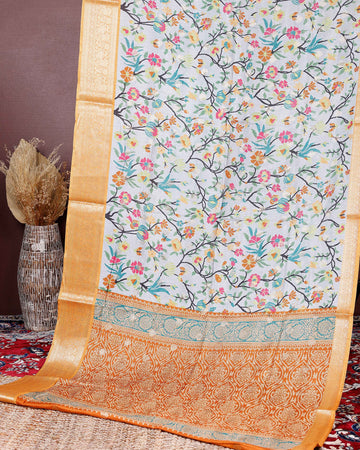 Elegant Fancy Silk Saree with All-Over Floral Weaving and Contrasting Zari Border - Multi