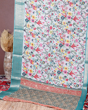 Elegant Fancy Silk Saree with All-Over Floral Weaving and Contrasting Zari Border - Multi