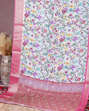 Elegant Fancy Silk Saree with All-Over Floral Weaving and Contrasting Zari Border - Multi