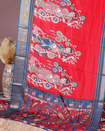 Elegant Semi Chanderi Saree with Traditional Kalamkari Handcrafted Motifs and Intricate Zari Border - Red