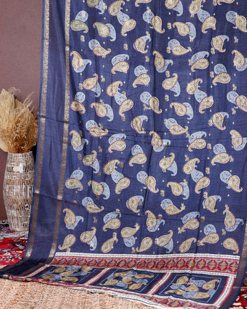 Elegant Fancy Silk Saree with All-Over Paisley Motifs and Traditional Designer Border - Navy Blue