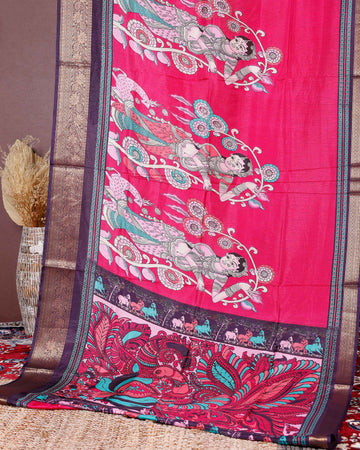 Elegant Semi Chanderi Saree with Traditional Kalamkari Handcrafted Motifs and Intricate Zari Border - Pink