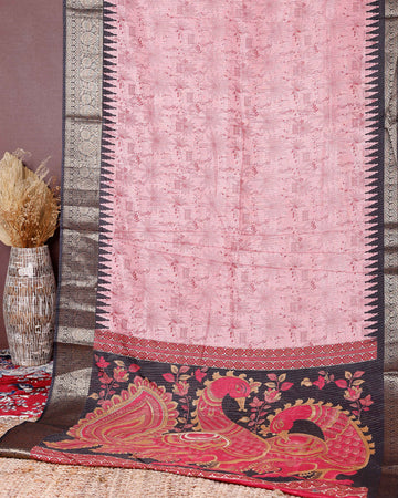 Elegant Dola Silk Saree with Elaborate Peacock and Paisley Border - Pink
