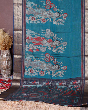 Elegant Semi Chanderi Saree with Traditional Kalamkari Handcrafted Motifs and Intricate Zari Border - Blue