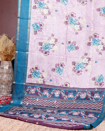 Elegant Fancy Silk Saree with Rose Floral Prints and Ornamental Designer Border - Pink