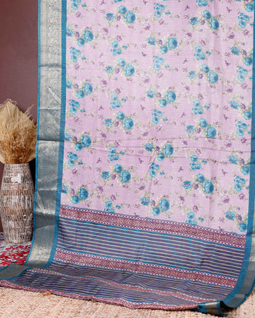 Elegant Dola Silk Saree with Intricate Floral Digital Print and Contrasting Woven Border - Lavender