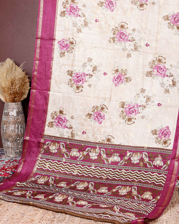 Elegant Fancy Silk Saree with Rose Floral Prints and Ornamental Designer Border - Sandal