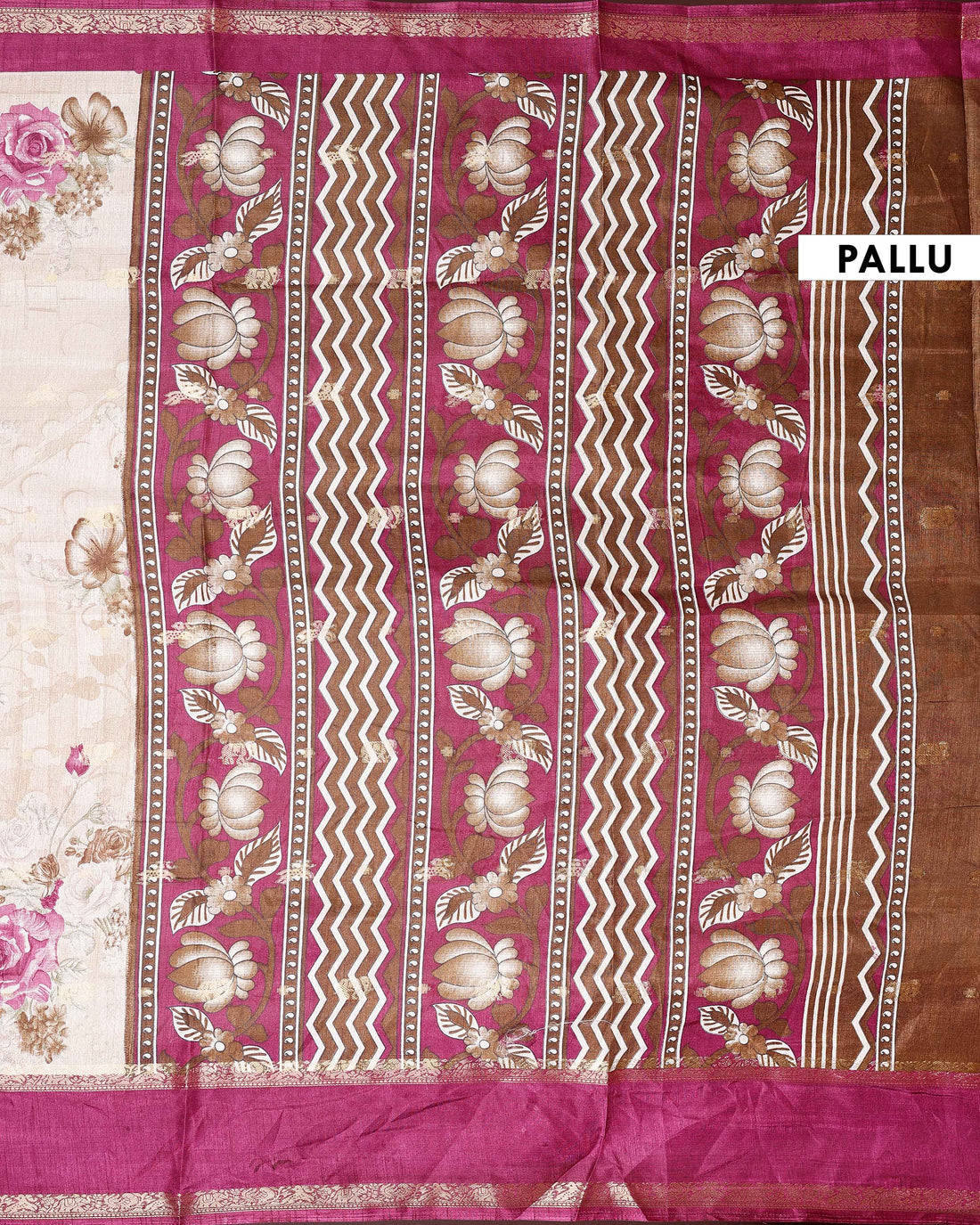 Elegant Fancy Silk Saree with Rose Floral Prints and Ornamental Designer Border - Sandal
