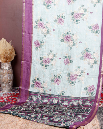 Elegant Fancy Silk Saree with Rose Floral Prints and Ornamental Designer Border - Green