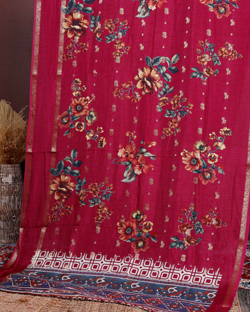 Graceful Fancy Silk Saree with Bold Floral Prints and Elegant Zari Border - Magenta