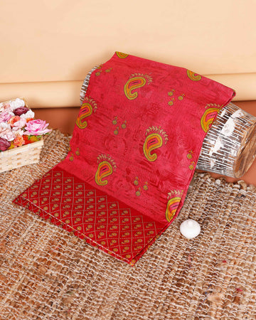 Graceful Paisley Printed Voile Cotton Saree with Geometric Border - Red