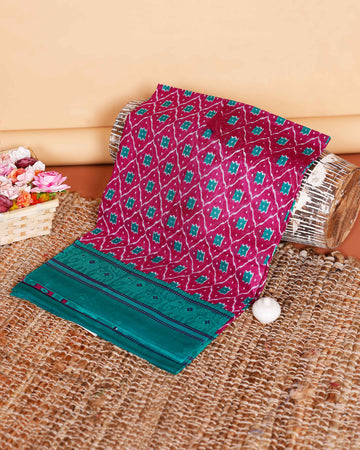 Graceful Ikat Patterned Voile Cotton Saree with Geometric Border - Pink