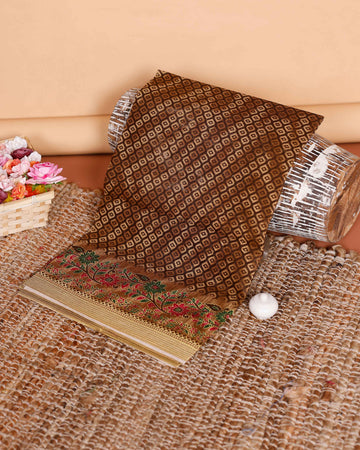 Graceful Voile Cotton Saree with Geometric Body Pattern and Floral Border Design - Brown