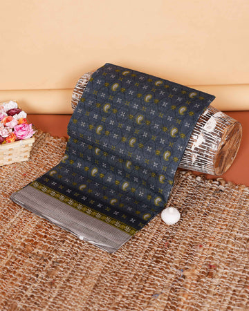 Graceful Voile Cotton Saree with Elegant Paisley and Geometric Print Border - Grey