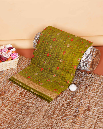 Graceful Floral Patterned Voile Cotton Saree with Zari Border - Green