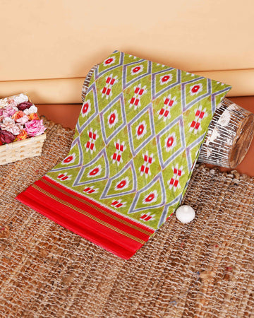 Graceful Voile Cotton Saree with Traditional Ikat Diamond and Stripe Pattern - Green