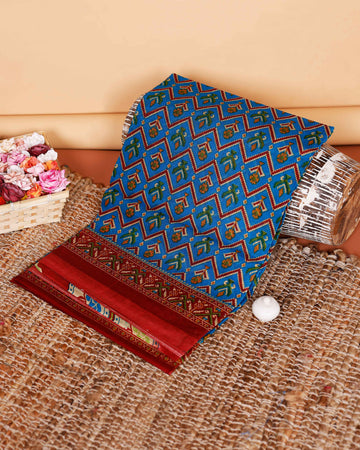 Graceful Voile Cotton Saree with Traditional Patola Ikat Print and Contrasting Border - Blue