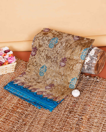 Graceful Voile Cotton Saree with Traditional Block Print Motifs and Contrasting Border - Sandal